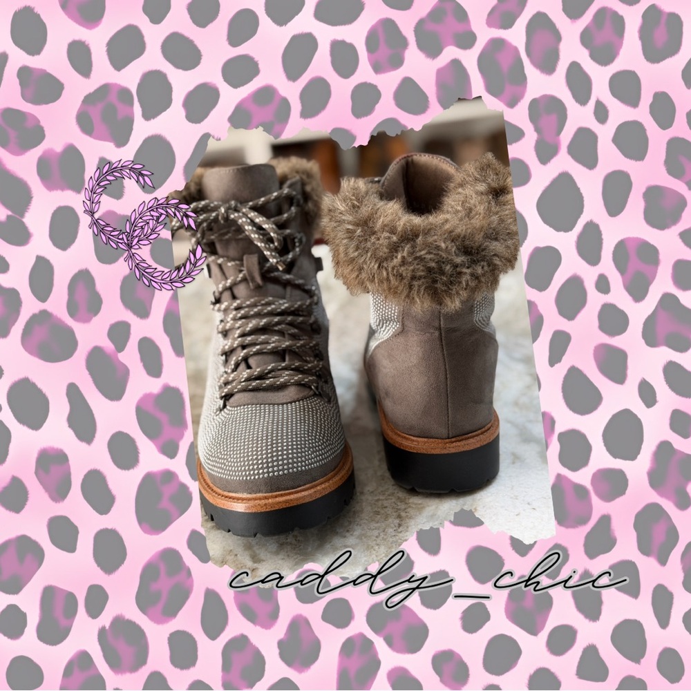 Report Gray Studded Ankle Boots Size 8.5 – Faux Suede & Faux Fur Trim EUC